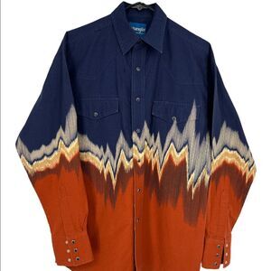 Wrangler Men's Navy and Orange Casual Button Down Shirt